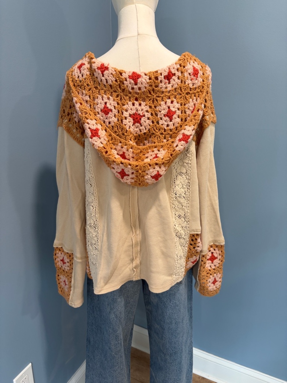 POL Crochet Patchwork Hoodie Top Boho Free People Style Thermal Lace Medium - Picture 4 of 8